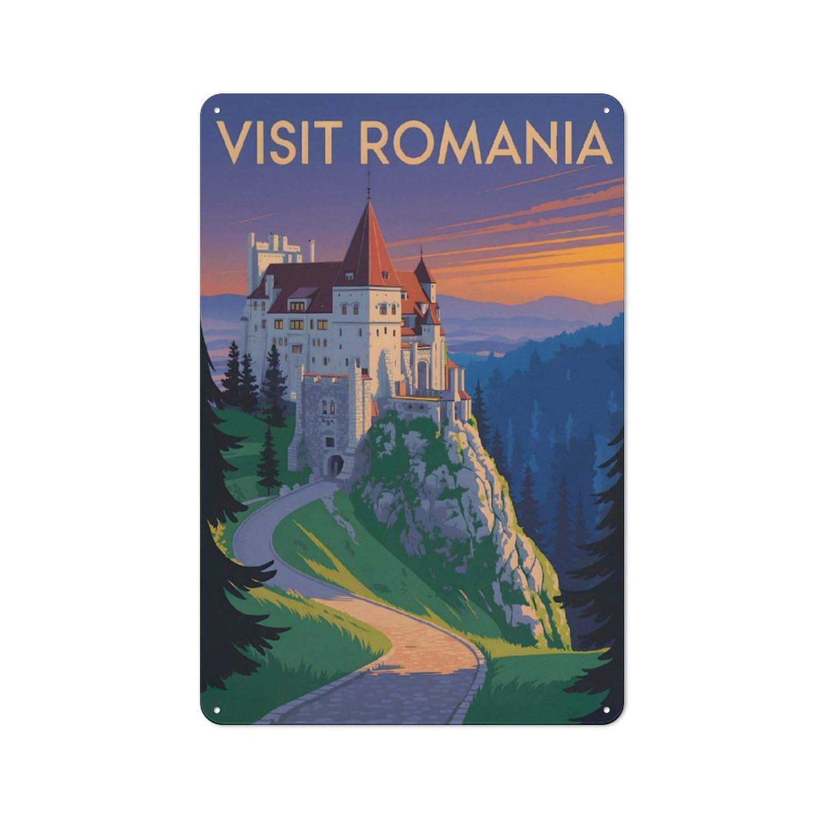 Junmoney Style-12 Cottage Style Visit Romania Travel (2) Decorative Tin Sign 30X20cm, Rustic Kitchen Decor For Kitchen, Cottage, Porch Or Garden Room