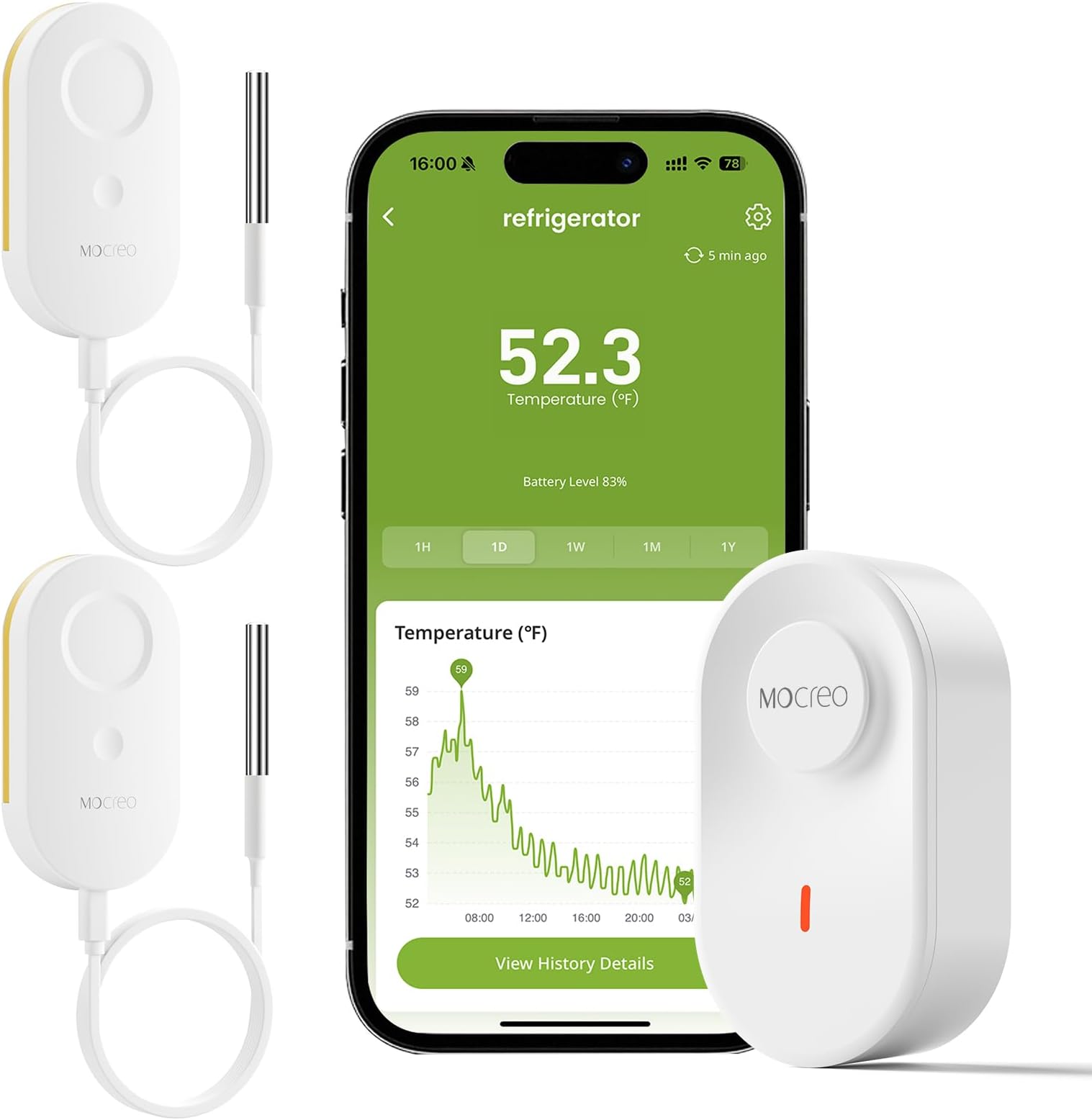 MOCREO WiFi Thermometer Freezer Alarm, Email Alert, App Notification, Data Record Export, No Subscription Fee, 2 Remote Wireless Temperature Sensors for Refrigerator, Freezer, Hot Tub