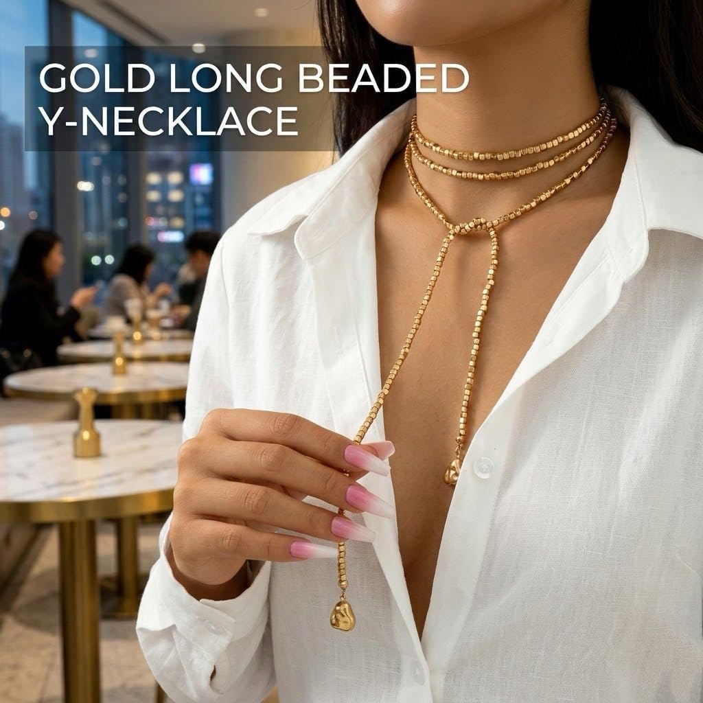Gold Long Beaded Necklace for Women Big Tassel Y Necklaces Gold beach Layered Necklace Statement Chain Trendy Necklace Jewelry Gifts for Women