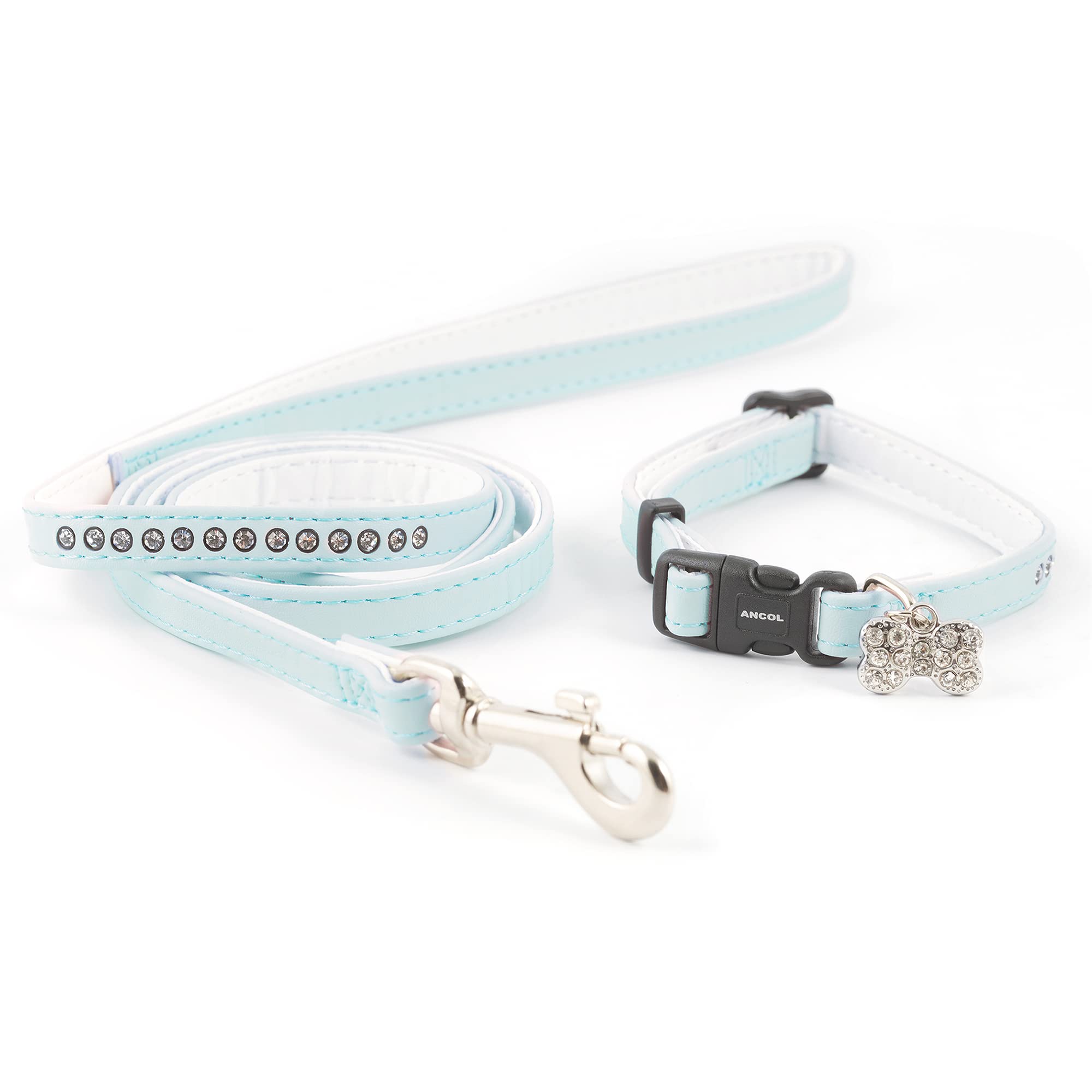 Ancol Small Bite Jewel Collar and Lead Set Blue Diamante Design - Adjustable Collar and 1m Lead for Small Dogs