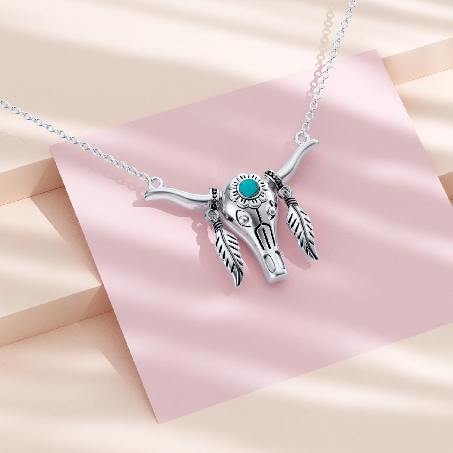 Western Turquoise Bull Head Necklace for Women 925 Sterling Silver Genuine Turquoise Cow Skull Cowgirl Country Tribal Cattle Pendant Jewelry Gift for Her Mom Wife - Image 3
