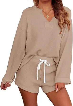 MEROKEETY Women's Long Sleeve Pajama Set Henley Knit Tops and Shorts Sleepwear Loungewear