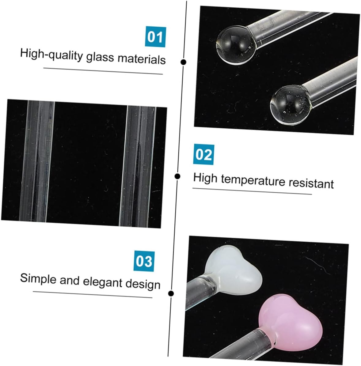 Mikinona 4pcs Handmade Glass Stirrers Heart Drink Mixers for Cocktails Bar Office Accessories Reusable Stir Sticks