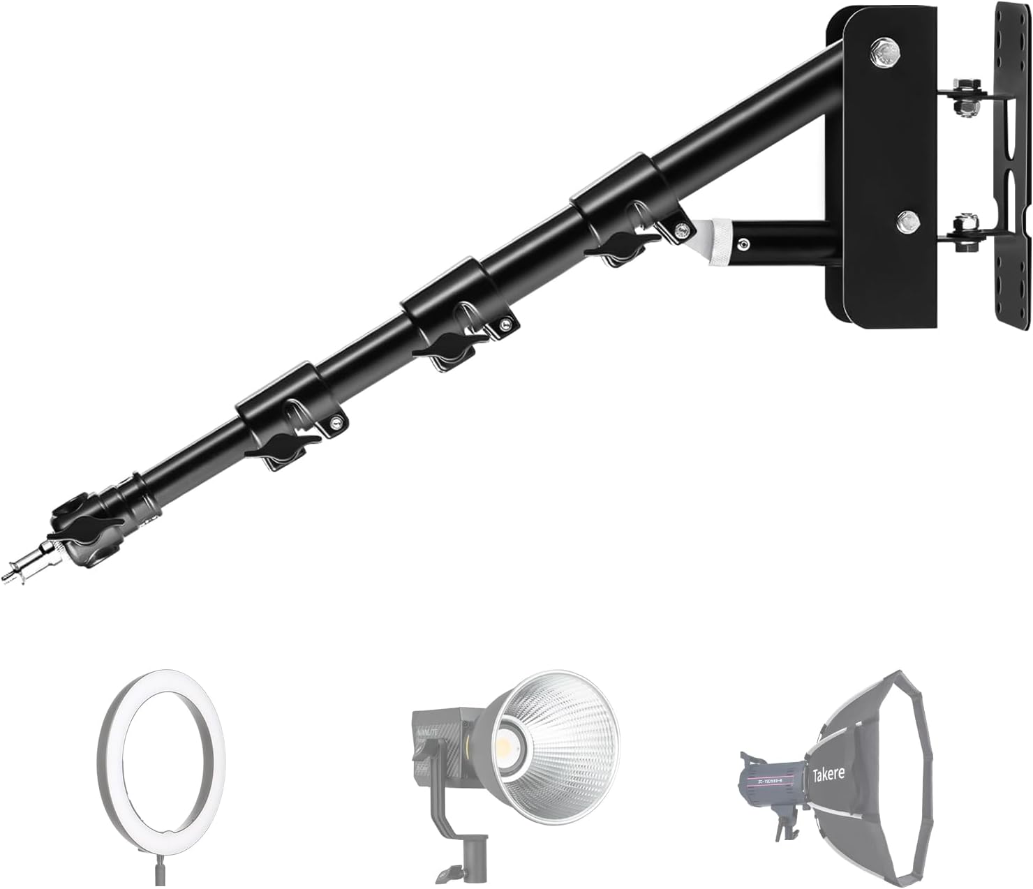 Takerers Ring Light Wall Mount, 3.6ft /43 inch Wall Ring Light Mount,180º Flexible Rotation, Triangle Boom Arm with 3/8 & 1/4 Screw for Photography Light, Monolight, Softbox, Umbrella, Reflector