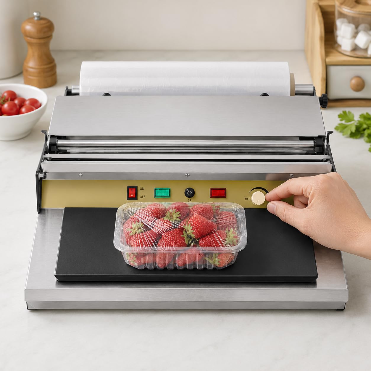 Involucro di pellicola trasparente per imballaggi alimentari, macchina per imballaggio alimentare commerciale per supermercati e negozi di alimentari, ideale per negozi di frutta, efficiente e facile