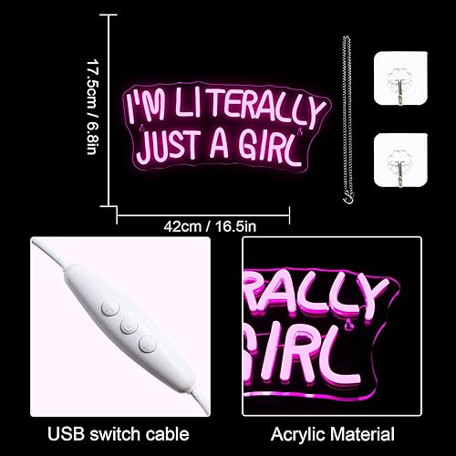 Miniatura 6 de Lucunstar Letrero de neón con texto en inglés I'M Literally Just A Girl, color rosa, luz de neón LED para decoración de pared, letrero luminoso para