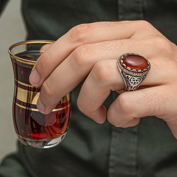 Silver Ring With Stone For Men, Agate Aqeeq Men Ring, Men Silver Ring 925 With Stone, Red Stone Ring For Men, Turkish Ring, Gemstone Mens Ring