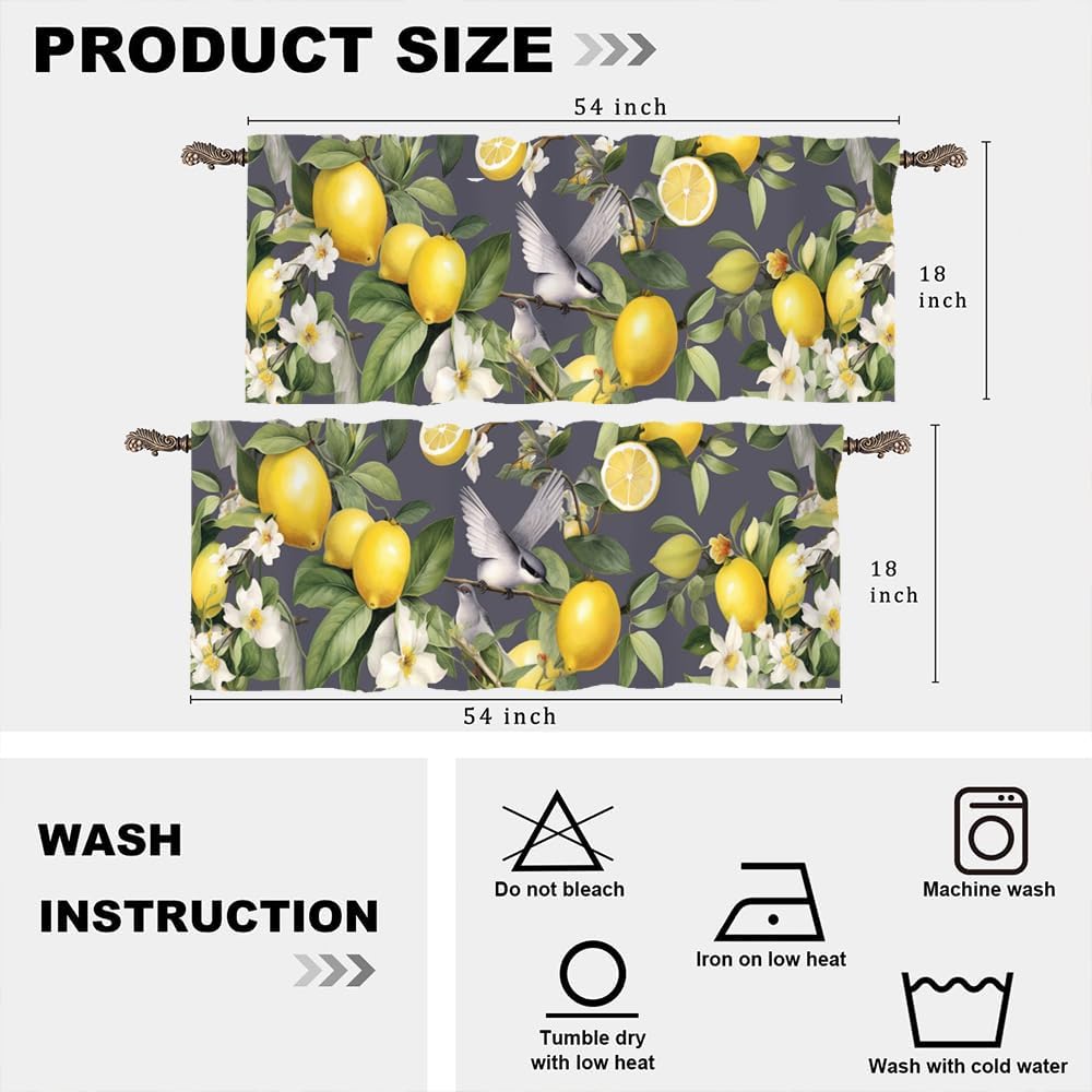 2 Panels Rustic Lemon Bird Window Valances, Yellow Fruit Food Window Treatment Decor Curtains Rod Pocket Valances for Kitchen/Living Room, 54" X 18"