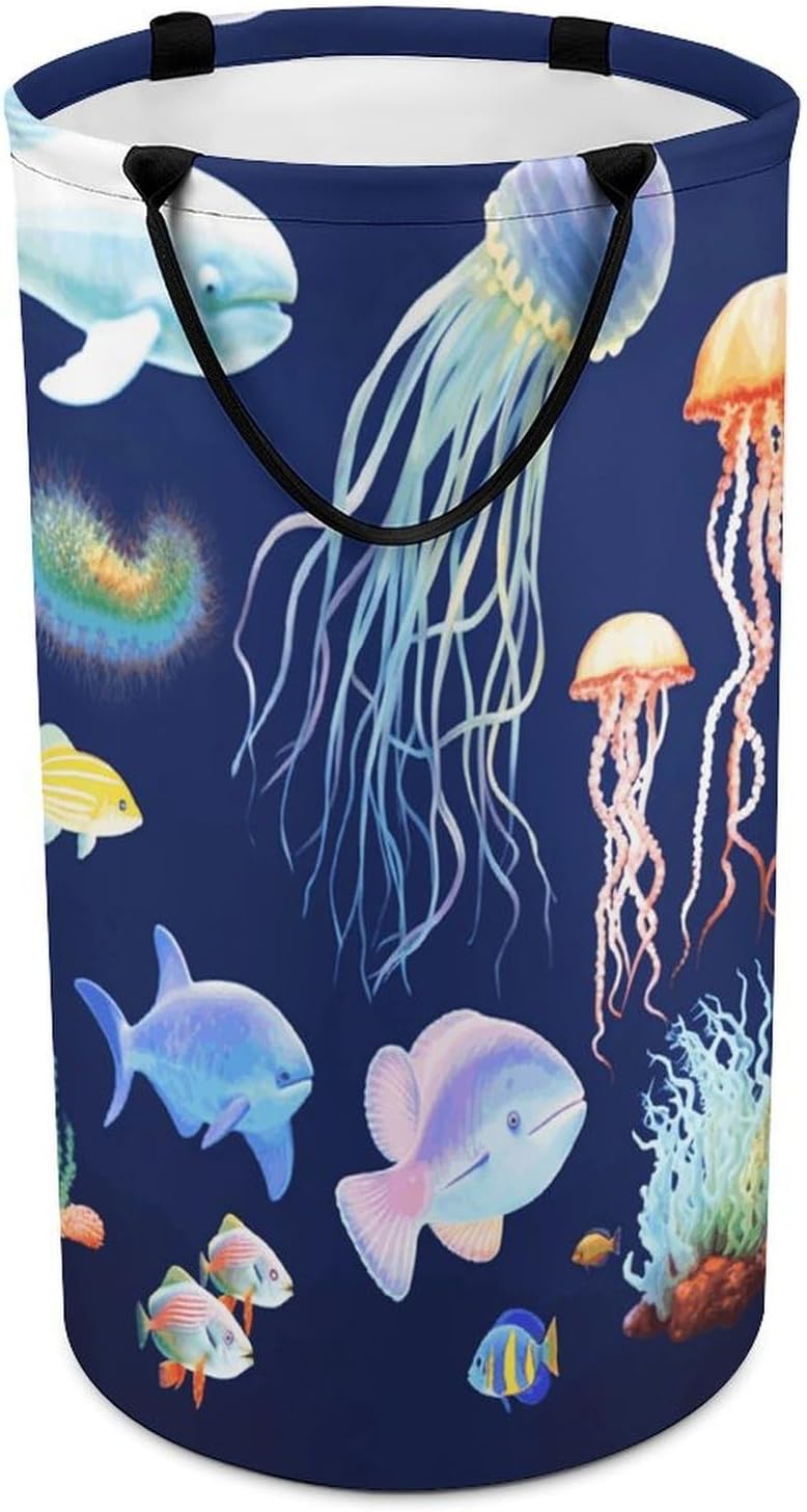 Large Laundry Basket Aquatic Sea Animal Dirty Clothes Hamper Collapsible Waterproof Laundry Hamper with Handles Freestanding Toy Blanket Storage Basket for Bedroom Bathroom