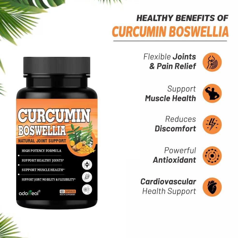 Adorreal Curcumin Boswellia Capsules with Black Pepper Extract – Natural Joint Support Formula | 400mg Curcumin + 200mg Boswellia | Veg Capsules (60 Capsules) 2