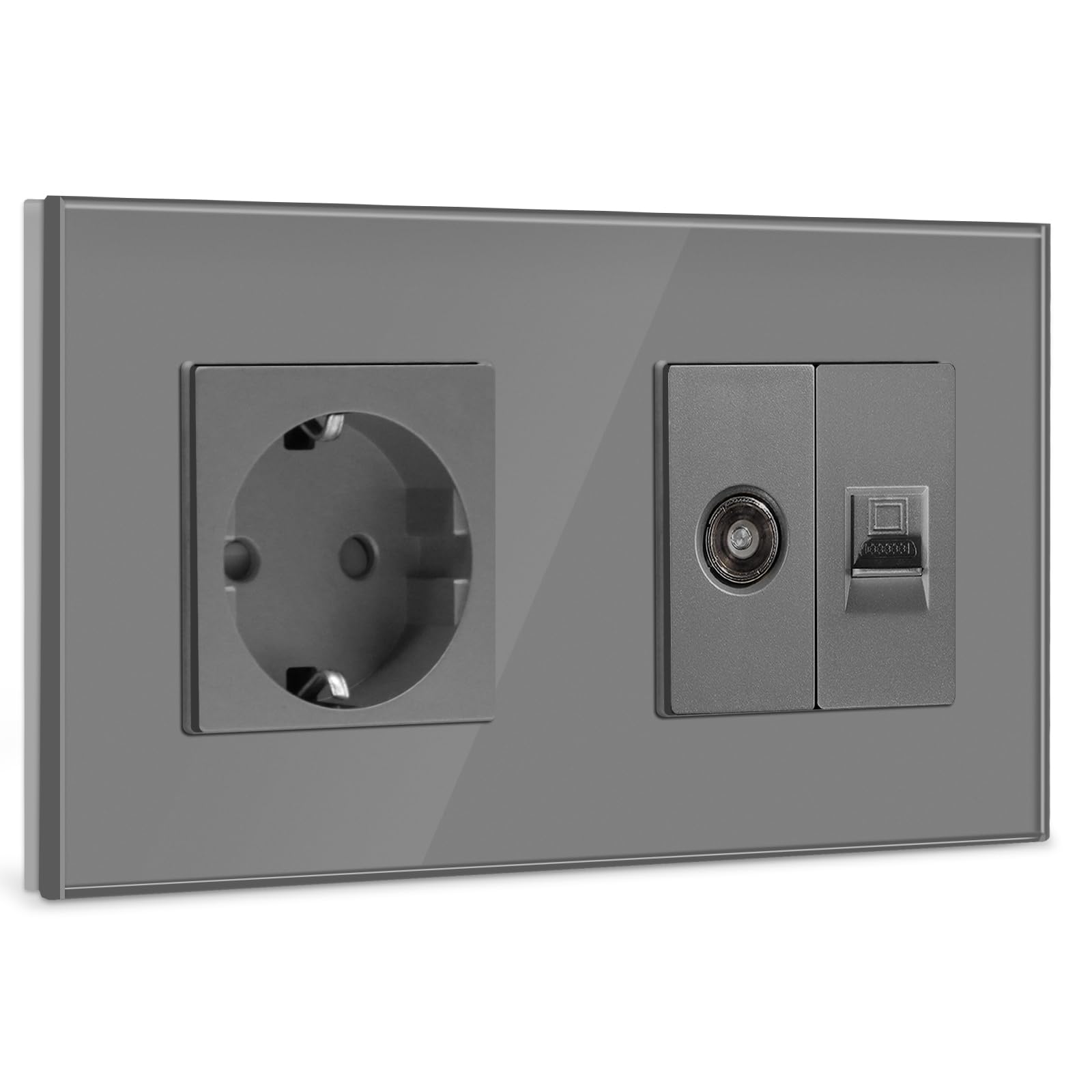 BSEED Schuko Steckdose mit 1/2 TV-Antenne Koaxial- und RJ55-Cat5e-Ethernet Kristall Glas Unterputz Steckdose Verlängerungssteckdosen Wandsteckdose Grau 157mm