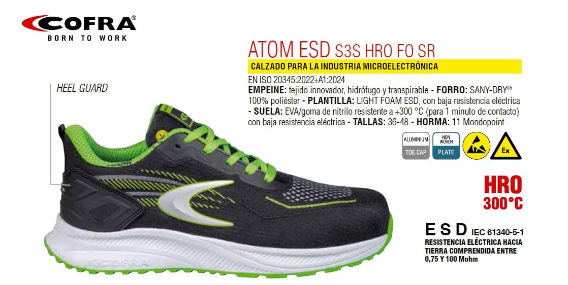 COFRA Atom ESD Calzado de Seguridad Laboral, Ligero y Resistente, Negro, Tejido Hidrófugo, Suela EVA/Goma de Nitrilo