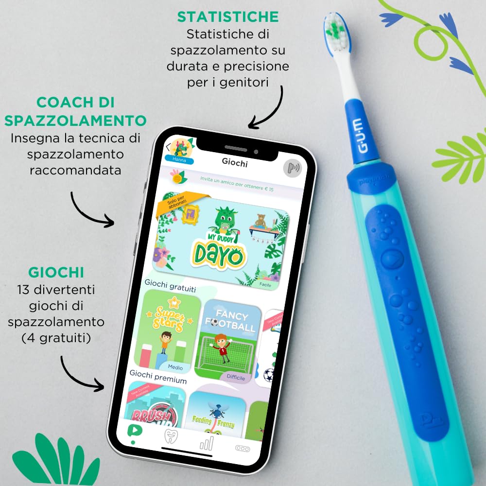 GUM Playbrush KIDS 3+ spazzolino elettrico | app di gioco interattiva | 2 modalità di spazzolamento | setole extra morbide | batteria a 8 settimane | 1x spazzolino ricaricabile | 2 testine extra | Blu