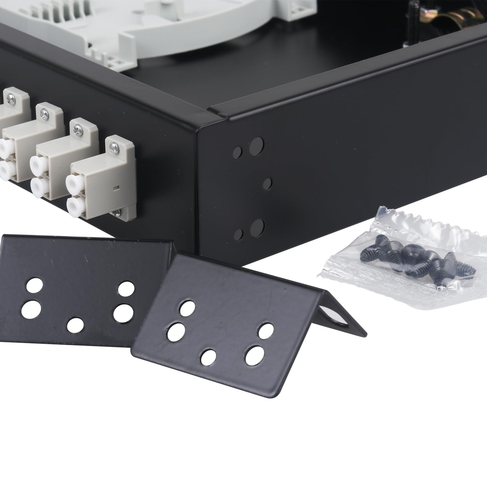 24 Duplex Mutil Mode 48 porte LC-OM2 Rack Mount Enclosure Box + vassoi di giunzione Cavi in fibra LC-UPC Kit, 48 Core LGX Patch Panel Box adatto per armadi rack da 19" (include Pigtail e