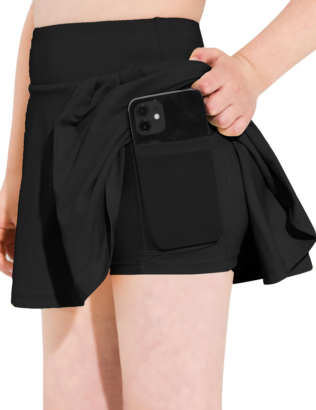 Hvididan Girls Black Tennis Skirts Size 10-12 with Pocket Pleated Athletic Skort 2 in 1 Girls Golf Skirt for Kids Teens Running Sports Cheer