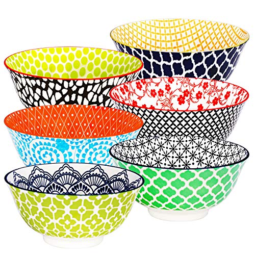 E-Gtong Ceramic Cereal Bowl 27 FL OZ Hand-Painted Colorful Porcelain Ceramic Bowls Set of 6 for Soup Pasta Salad and Rice Microwave Dishwasher Safe