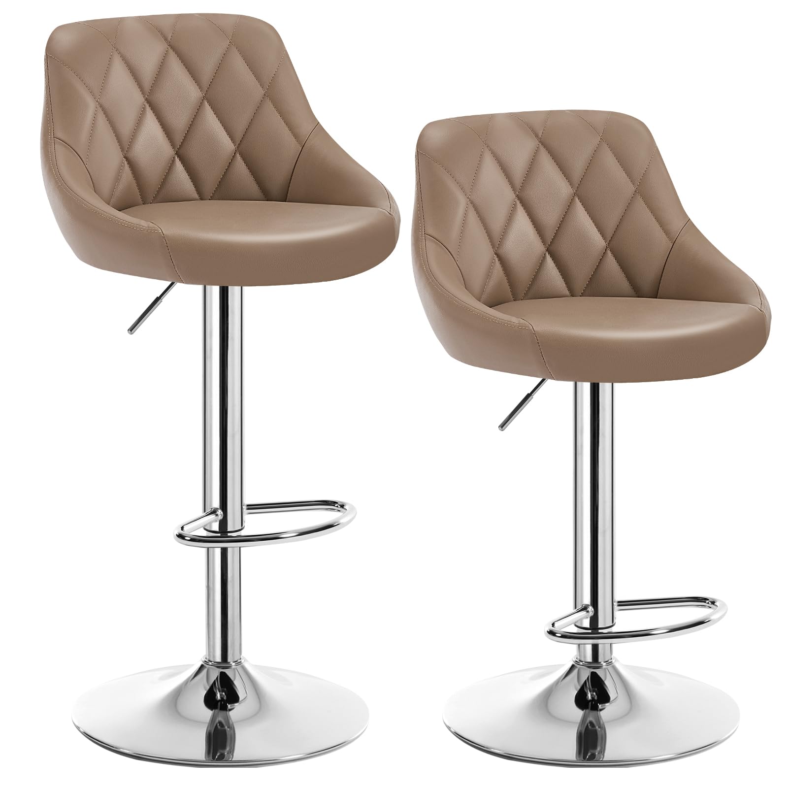 WOLTU 2 x Bar Stool with Backrest Synthetic Leather High Kitchen Stools Adjustable Height Khaki BH23kk-2