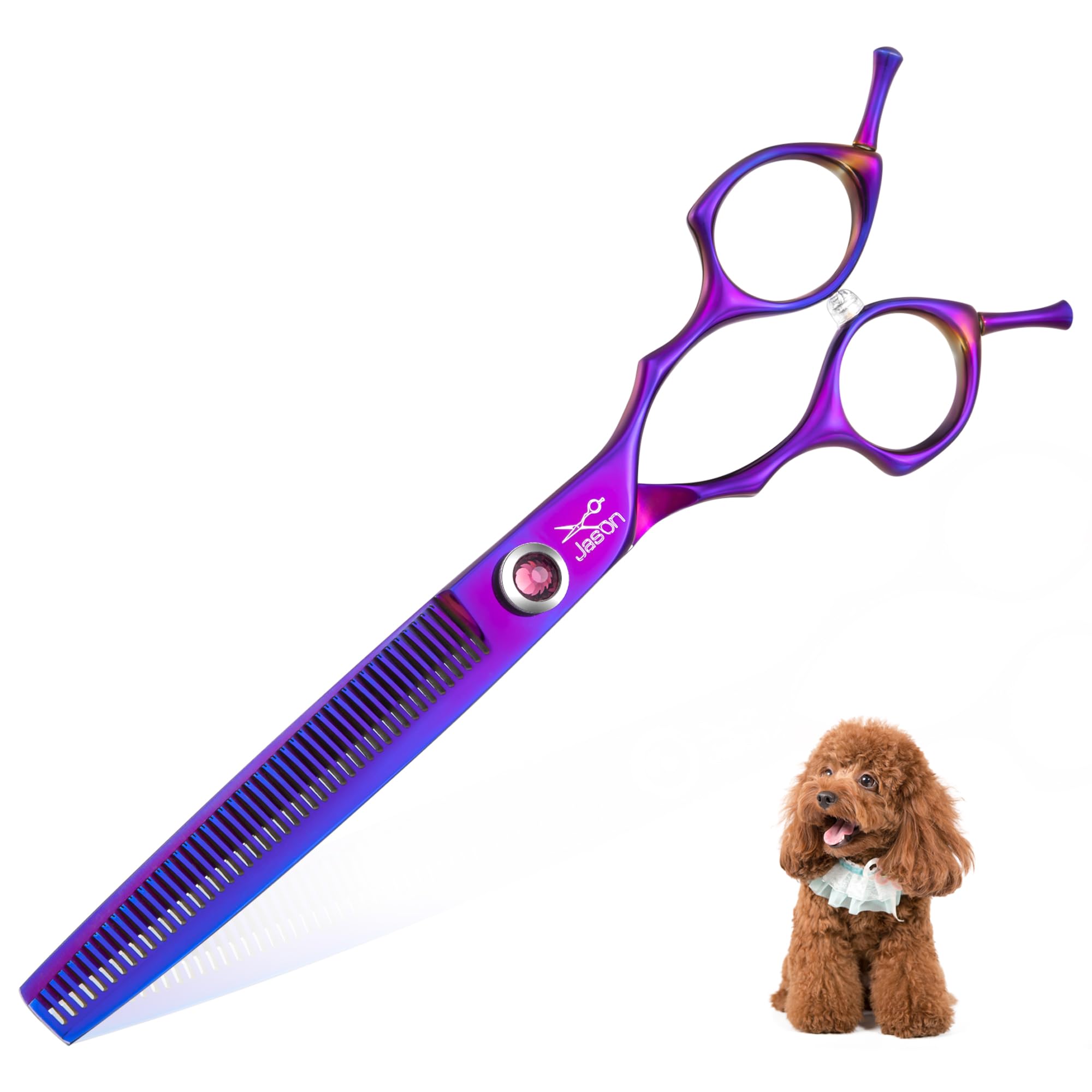 JASON Dog Scissors for Grooming - 7.5" Thinning Scissors for Dog Grooming, Japanese 440C Stainless Steel Blender Shears with Diamond Adjustable Screw (45 Teeth, Purple)