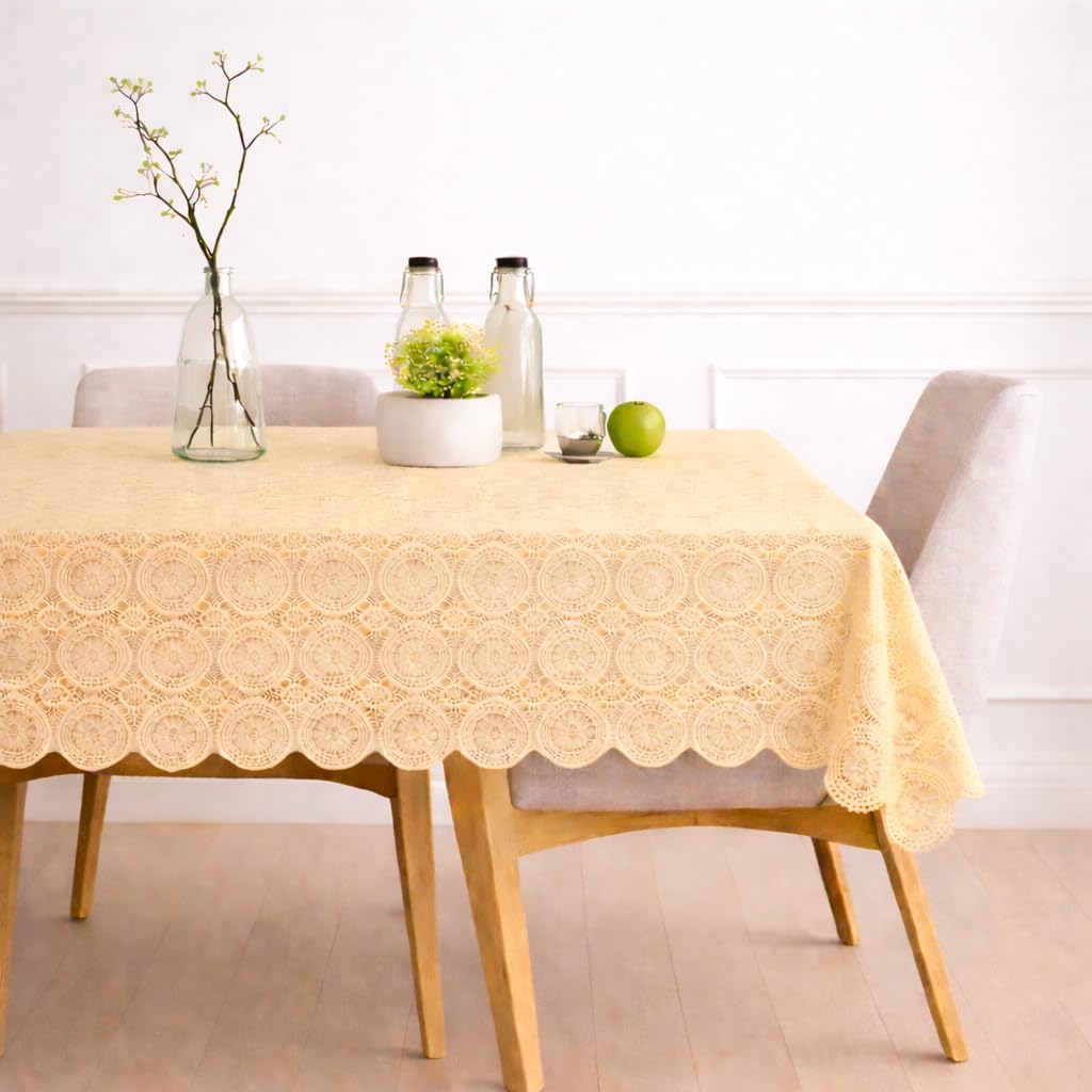 STITCHNEST Cotton Net Table Cover for 2–4 Seater Dining Table | Decorative Lace Design | |40x60 Inch| Rectangular Center Table Cloth | Beige | Pack of 1