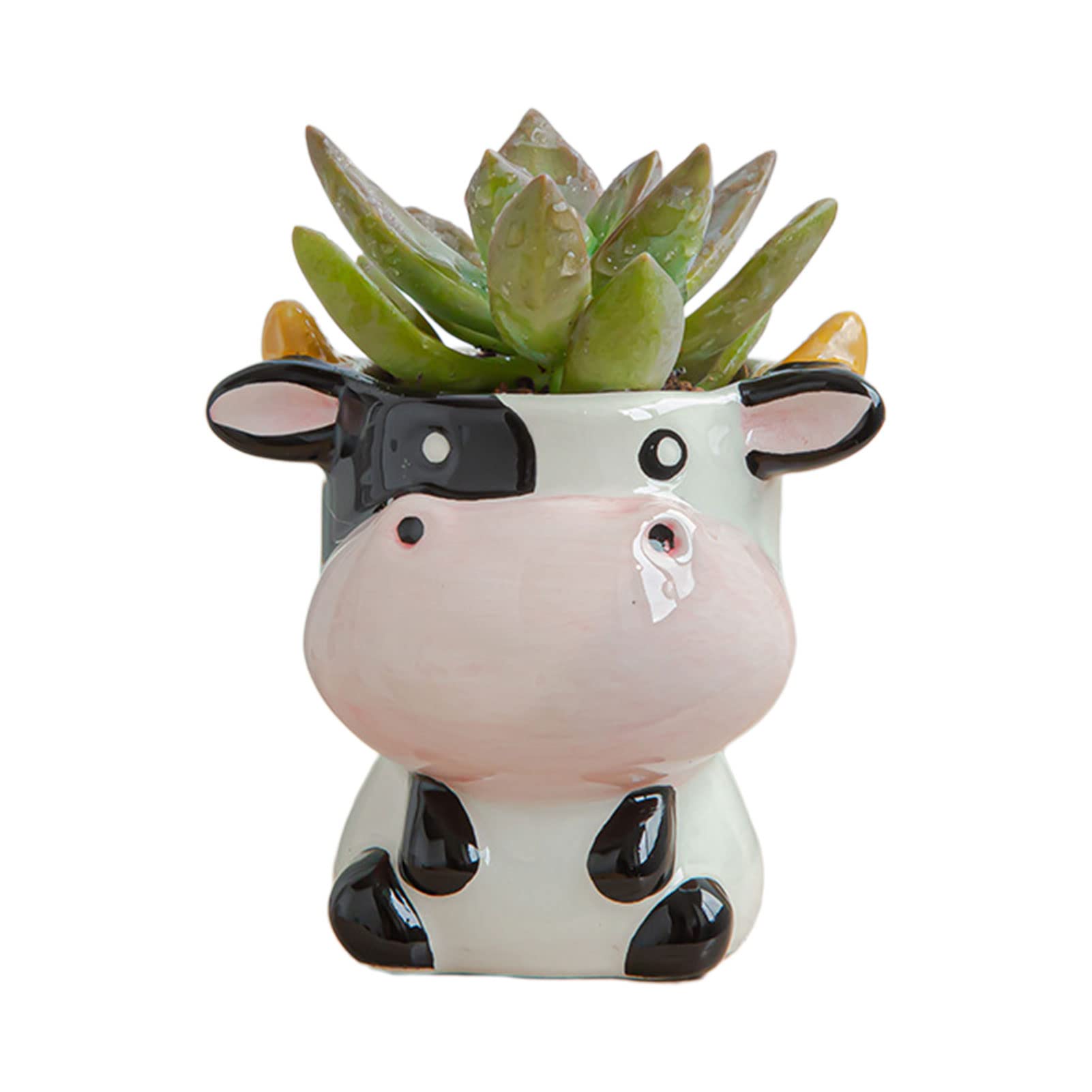 HLJS Animal Succulent Plant Pot, Ceramic Cactus Planter, Cute Fox Plant Pot, Succulent Pots With Drainage For Table Decoration Desk Deco Miniature Ornament Decoration (Cows)