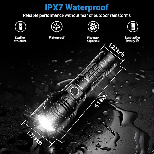 Miniatura 4 de Linterna recargable, linternas tácticas de 2000 lúmenes altos, linternas brillantes USB C, linterna LED de mano recargable 5 modos para el hogar,