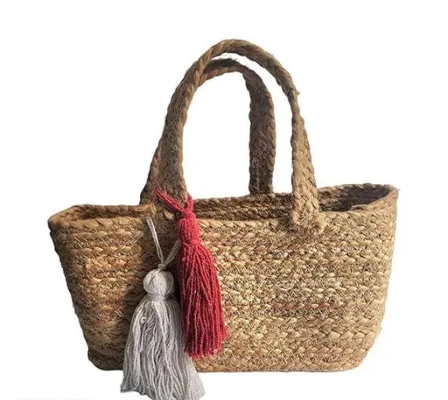 Bolsa de playa tejida de yute natural con borlas decorativas rojas y blancas, hecha a mano