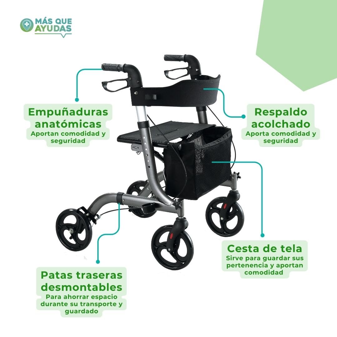 Andador Rollator para minusválidos de aluminio, diseño más moderno y una estructura más completa, ancianos, ligero, plegable, frenos manuales, con asiento, cesta y ruedas giratorias delanteras.