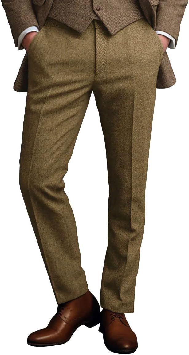 Men's Tweed Pants Slim Fit Vintage Herringbone High Waist Dress Trousers
