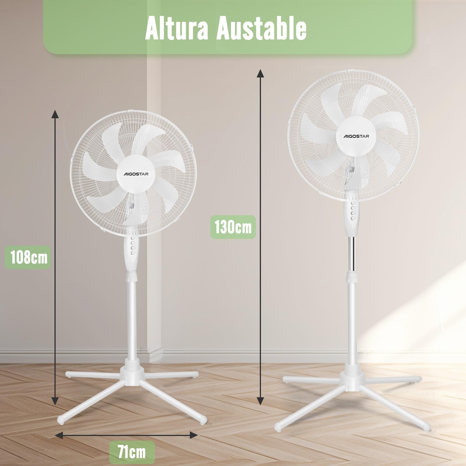 Aigostar Ventilador de Pie con 7 Aspas, Altura Ajustable 108-130cm, Ventilador Silencioso (43 cm Ø), Oscilante 70°, 3 Velocidades, para Salón, Dormitorio y Oficina, Erika