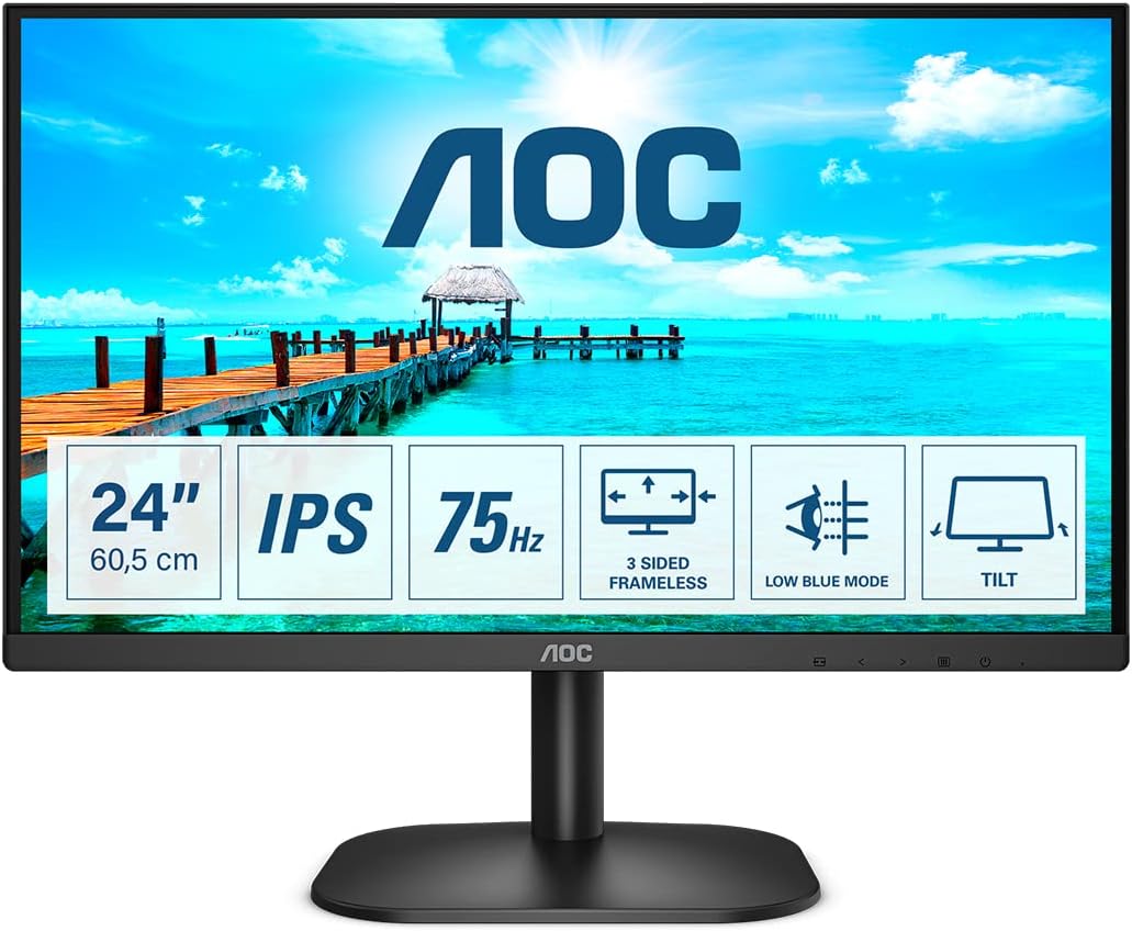 AOC Monitor Italia 24B2XH LED da 23.8 IPS, FHD, 1920 x 1080, 75 Kz, VGA, HDMI, Nero AOC Monitor Italia 24B2XH LED da 23.8 IPS, FHD, 1920 x 1080, 75 Kz, VGA, HDMI, Nero