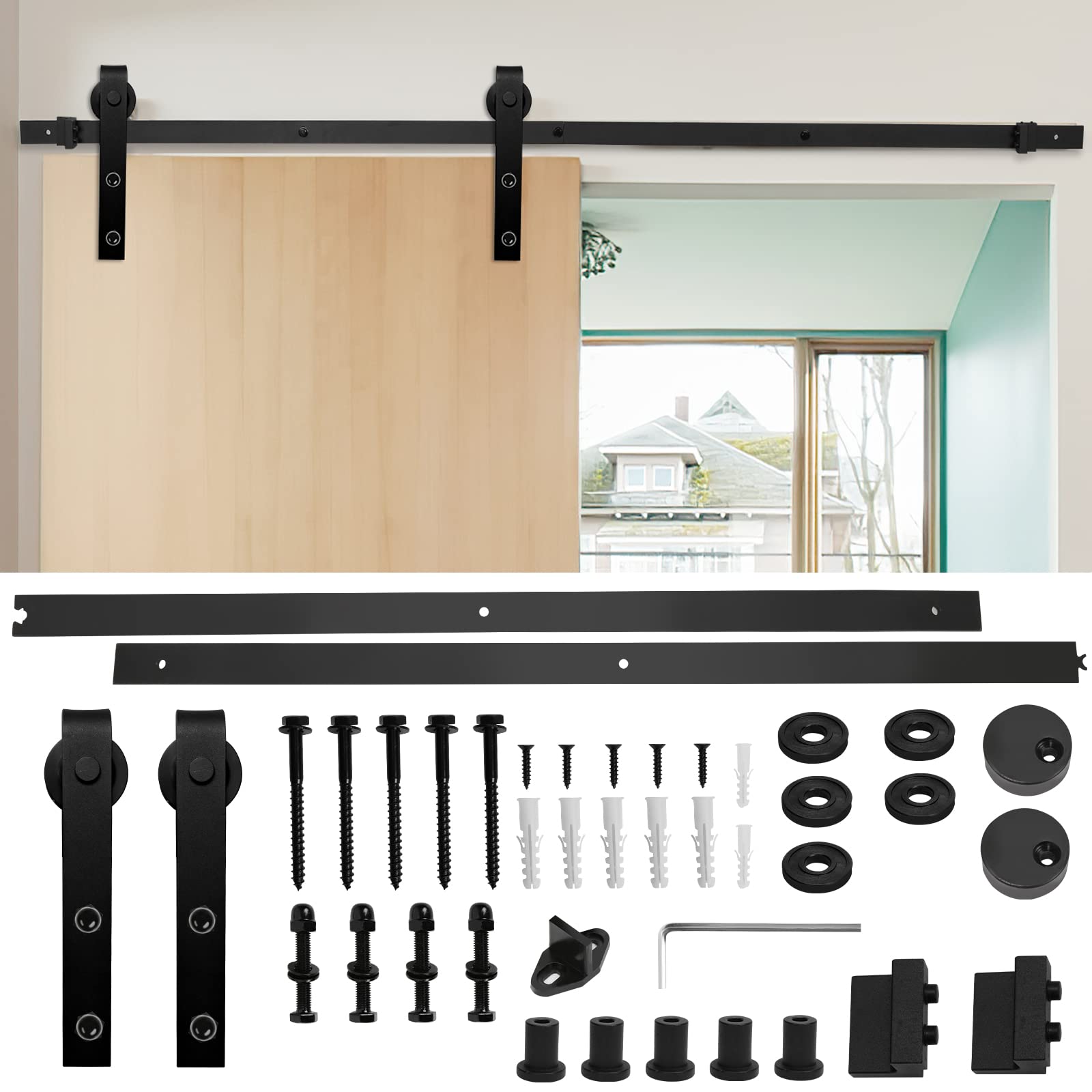 Jopassy Schiebetürbeschlag Set, Schiebetürsystem 152cm 150kg Hängeschiene für Holztür Rechteck