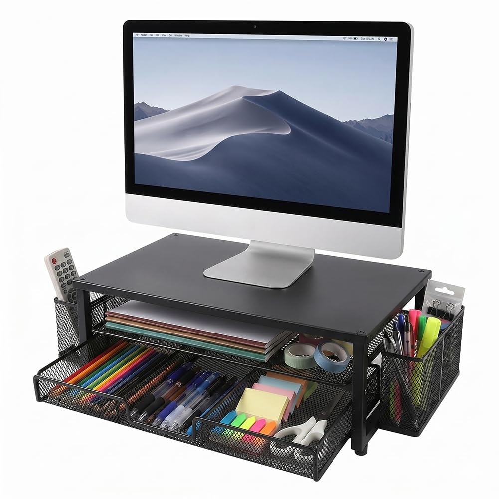 CEWROM Soporte para monitor con cajón, elevador de monitor de ordenador de 2 niveles con cajón, organizador de escritorio y accesorios, soporte de escritorio ergonómico para accesorios de oficina