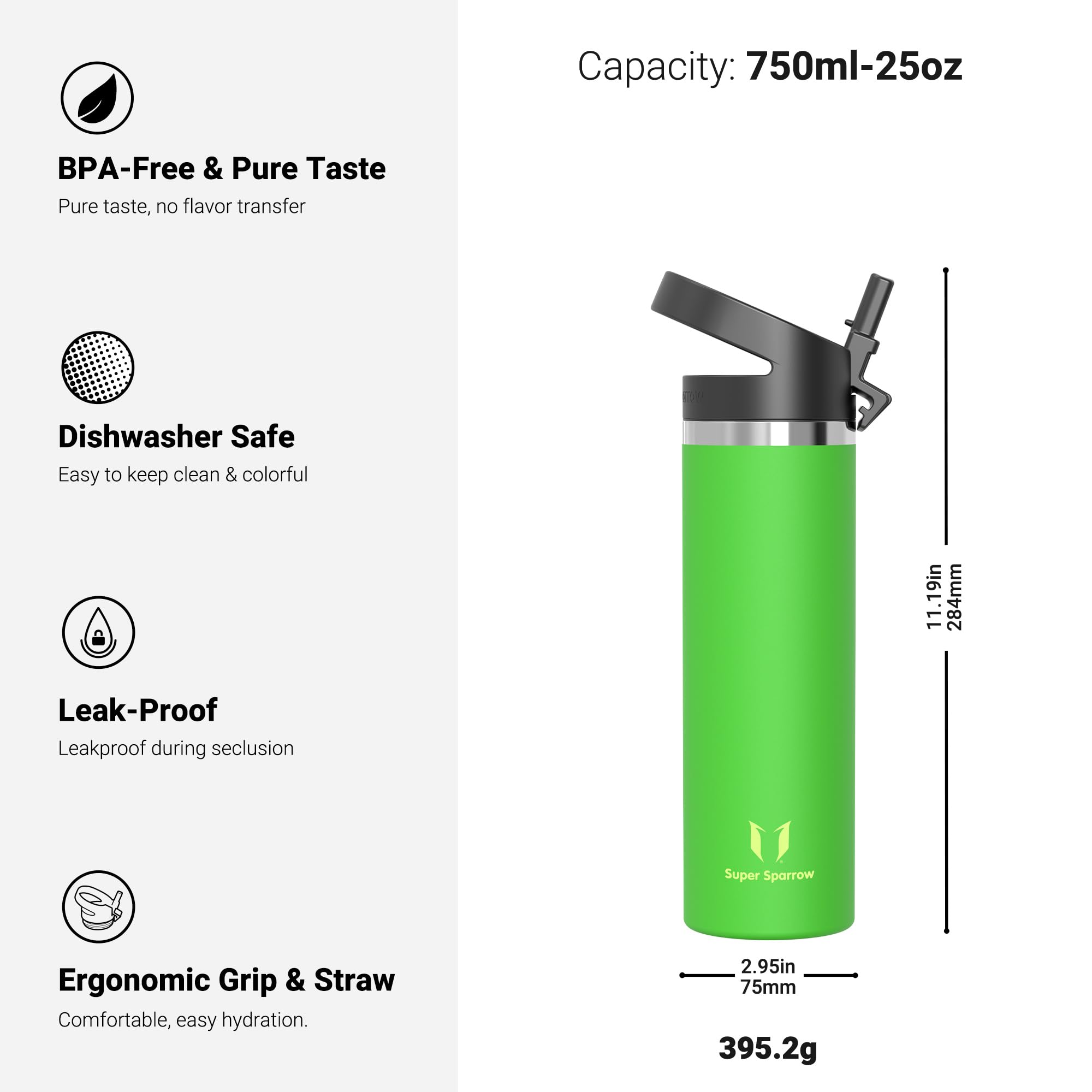 Super Sparrow Butelka Na Wodę Ze Stali Nierdzewnej - Metalowa Butelka Z Szerokim Ustnikiem - 750ml - Bez BPA, Szczelna - Izolowany Termos Do Biegania, Siłowni, Jogi, Na Zewnątrz i Podróże