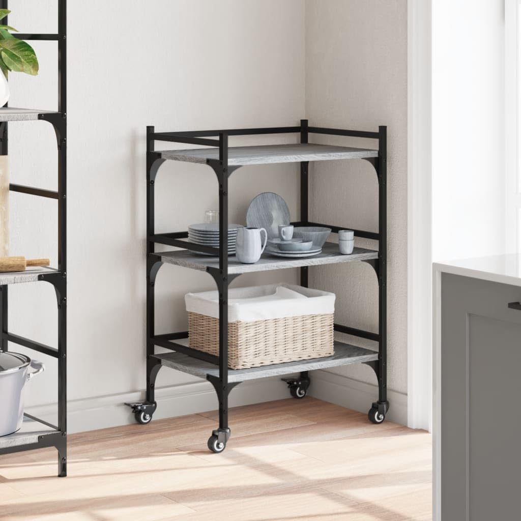 Carrello da cucina grigio Sonoma, in legno con telaio in acciaio, 50 x 35 x 75,5 cm, carrello da portata con 4 ruote e spazio portaoggetti, carrello come isola da cucina, carrello per spezie