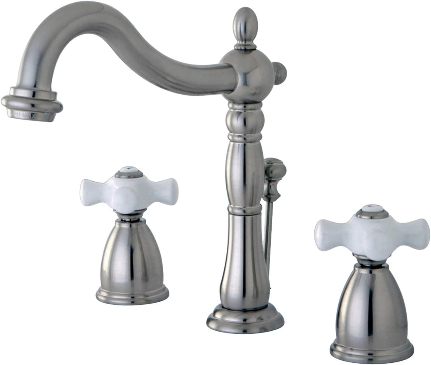 Kingston Brass KB1978PX Heritage Widespread Lavatory Faucet with Porcelain Cross Handle, Brushed Nickel,8-Inch Adjustable Center