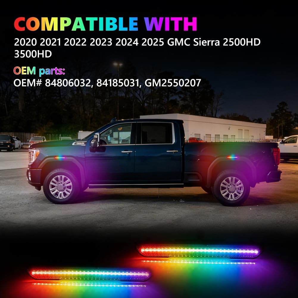 Full LED [Single Color Glow] RGB Side Marker Lights for 2020-2025 GMC Sierra 2500HD 3500HD, [4 Modes 16 Colors] RGB Marker Lamps, Front & Rear Smoked Lens Assembly with 24-Key Remote, 4PCS