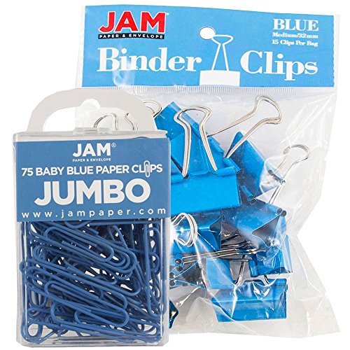 JAM PAPER Office Desk Supplies Bundle - Blue - Jumbo Paper Clips & Medium Binder Clips - 1 Pack of Each (2 Packs Total)