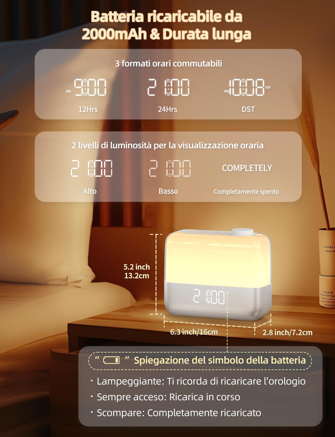 Sveglia digitale per camera da letto: luce sveglia all'alba, luce notturna a 8 colori, doppio allarme forte per chi dorme pesante, snooze 9 minuti, 6 suoni, 7 volumi, batteria ricaricabile da