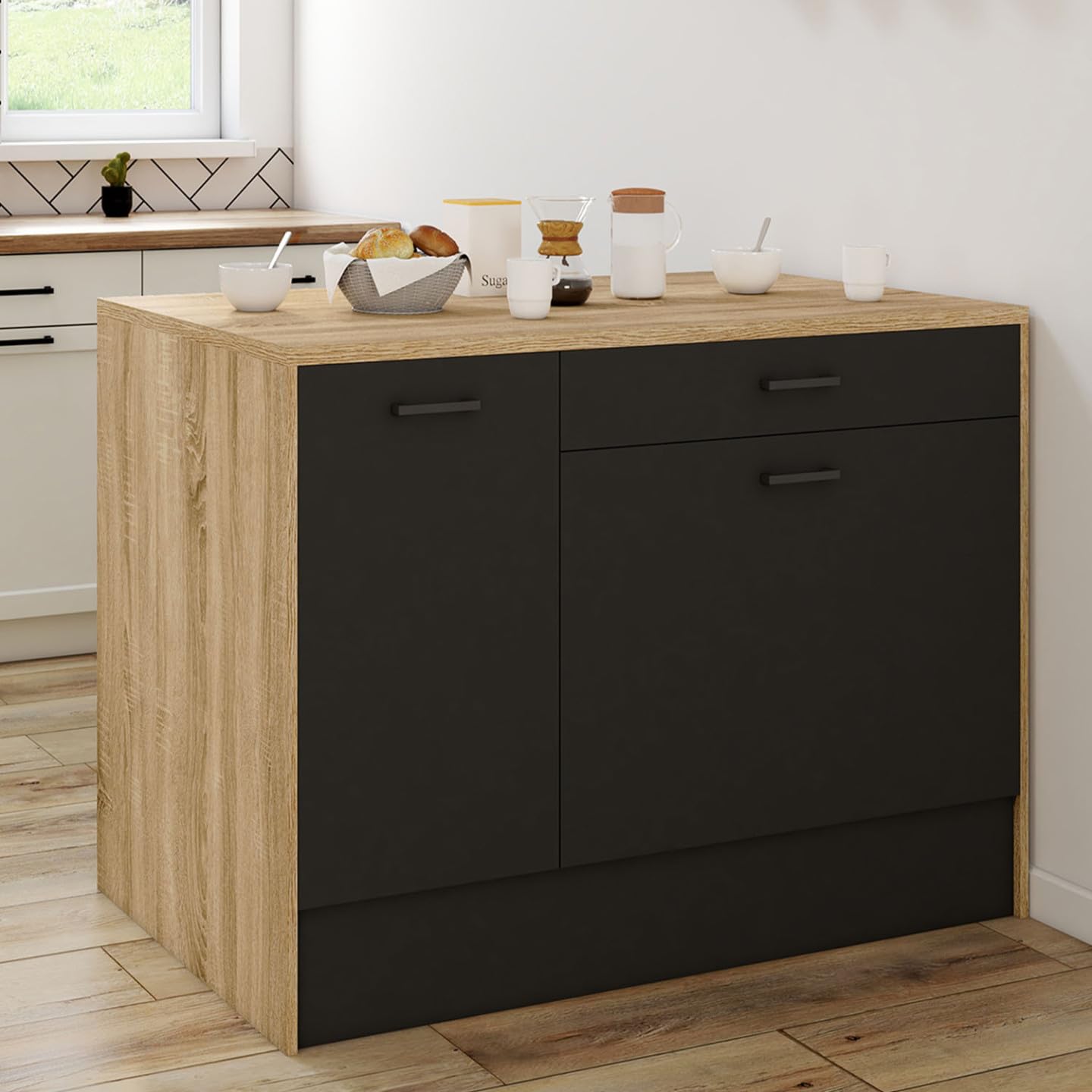 IDMarket - Ilot Central LIO 120 cm Maxi capacité de Rangement Bois et Noir