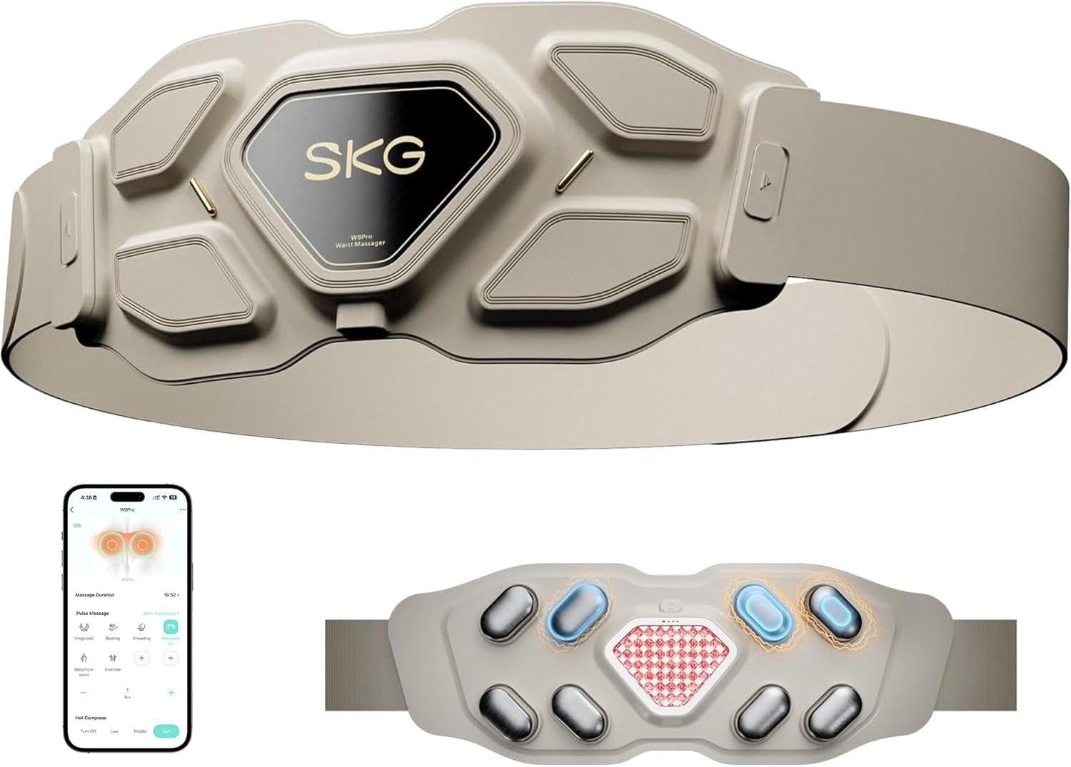 SKG® Das Original kabelloser Massagegürtel mit Wärme für den unteren Rücken – tragbar & verstellbar, Puls- und Vibrationsmassage zur aktiven Muskelentspannung, Geschenk für Mama Damen Herren, W9 Pro