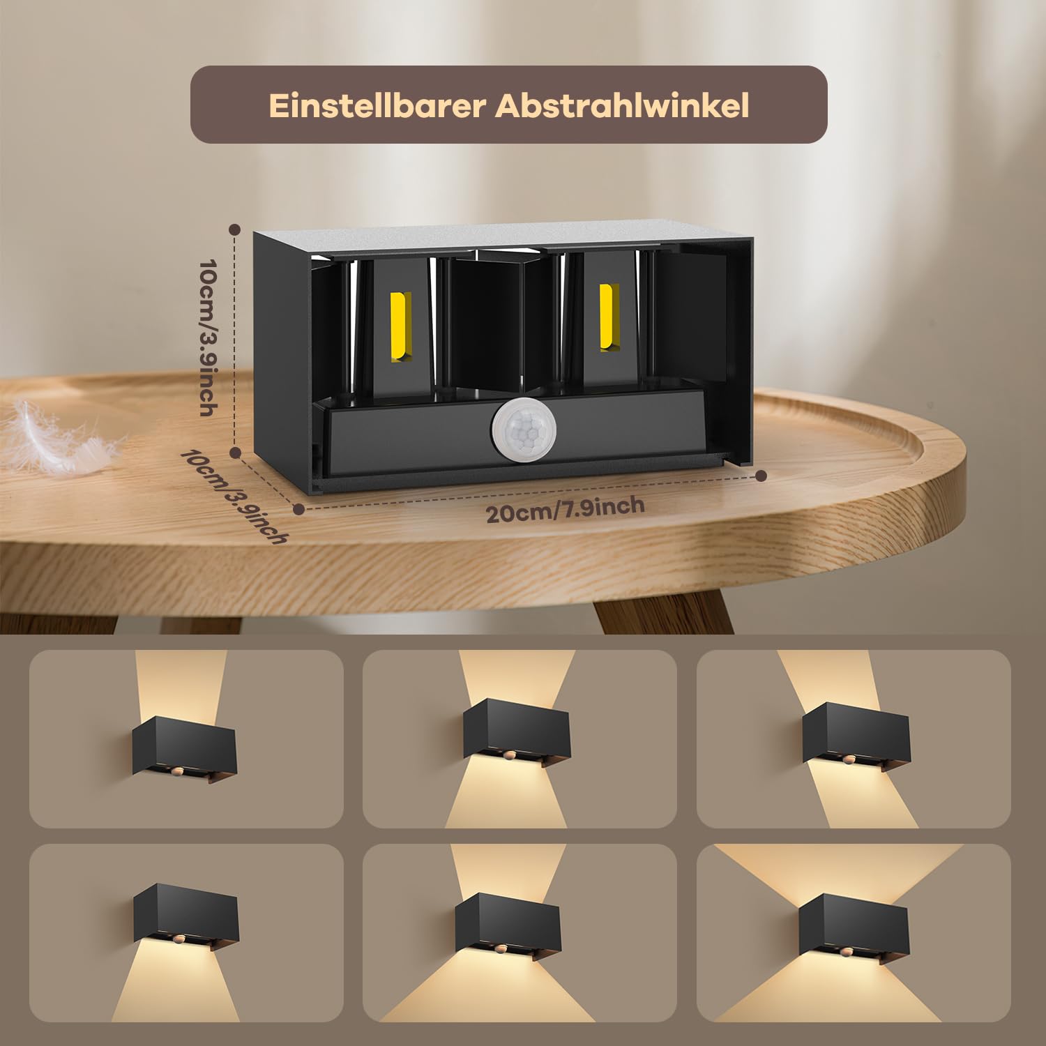 vatato 24W Außenwandleuchte mit Bewegungsmelder, IP65,3000K Warmweiß LED Wandleuchte Außen/Innen Aluminium, Einstellbarer Lichtstrahl außenlampe mit bewegungsmelder für Flur/Weg (Schwarz 2 Stück)