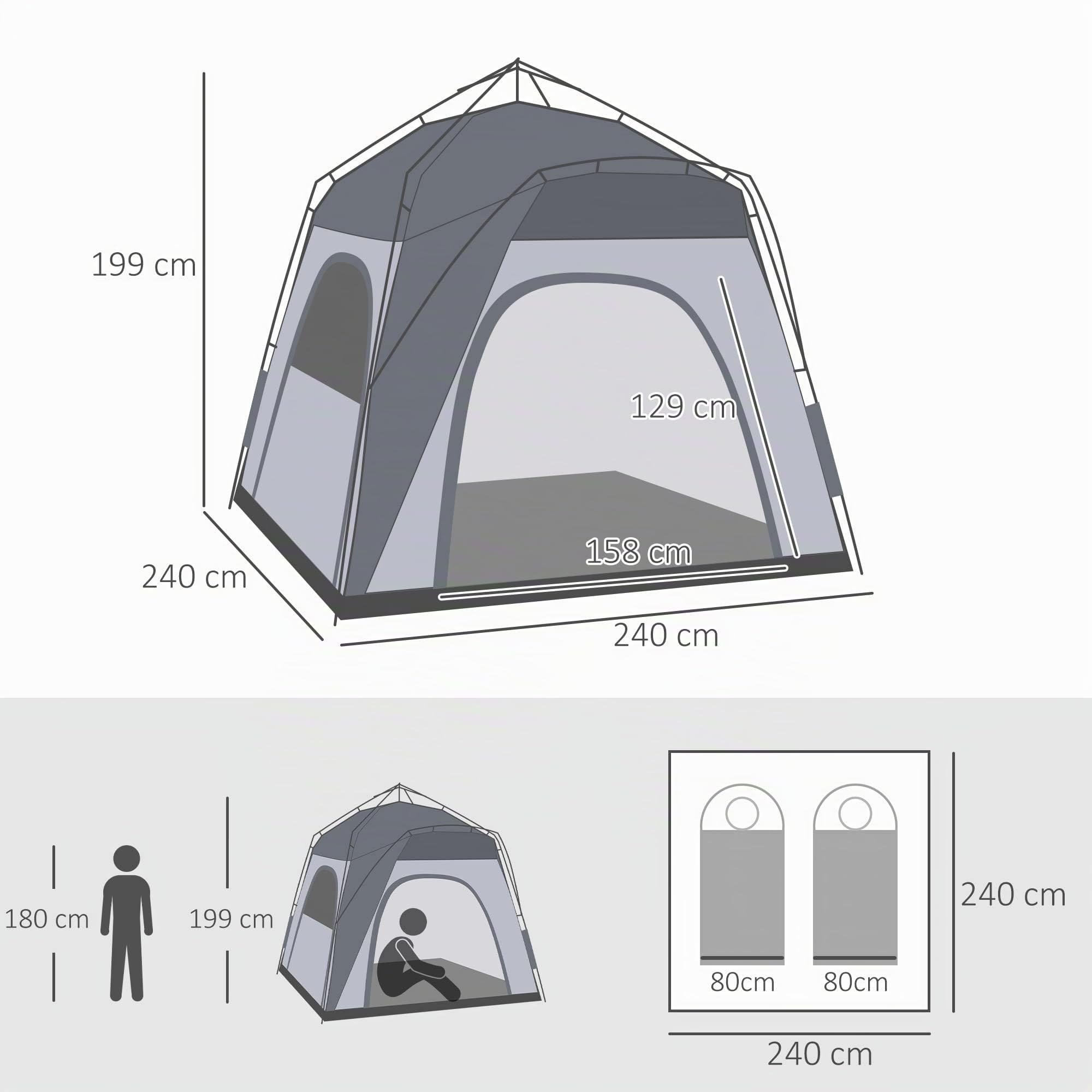 Outsunny - Tenda da campeggio per famiglie, 4 persone, montaggio istantaneo Pop-up 4 finestre, parasole, dim. 2,4 x 2,4 x 1,99 H m fibra di vetro poliestere