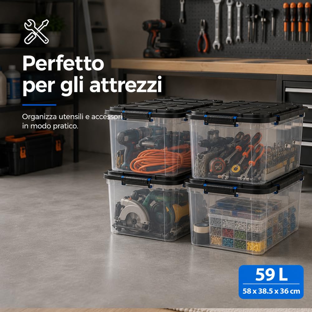 BAKAJI Set 4 Pezzi Contenitori con Coperchio e Ruote, Storage Box per Archiviazione Multiuso Giocattoli, Vestiti, Attrezzi, Accessori, Organizer Capiente e Robusto, Portaoggetti Stoccaggio