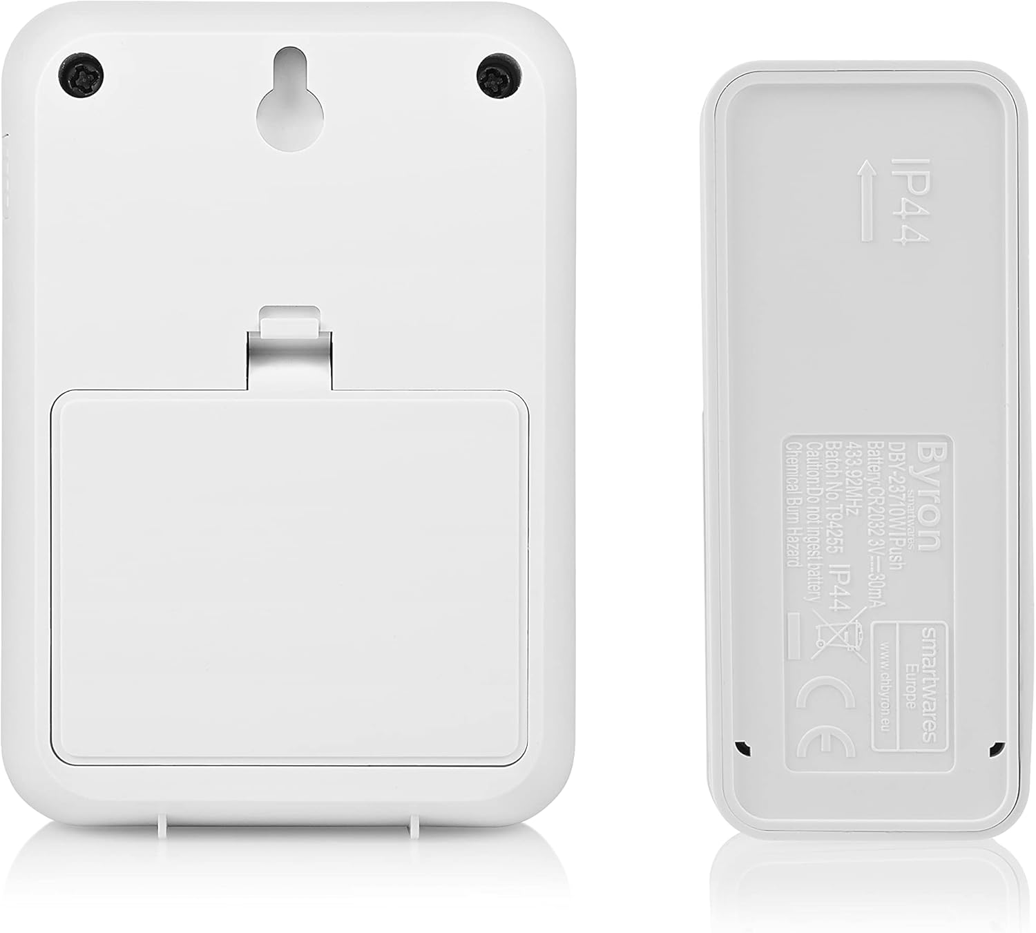Lura view of the Byron doorbell chime and push button, showing battery compartments and mounting points.