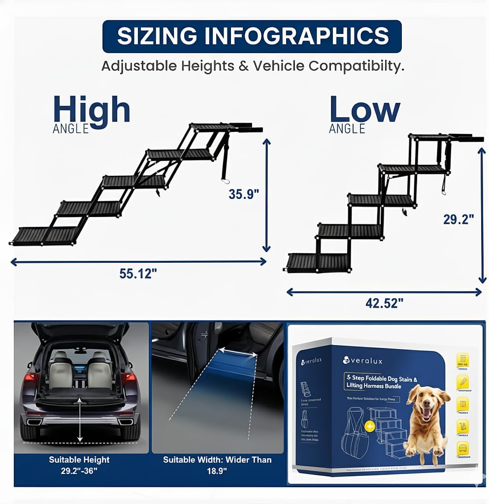 Size XL 5 Step VERALUX Dog Stairs for Large Dogs to Get in Car - 5 Step Foldable Pet Ladder Holds 200lbs - Includes XL Lift Harness - Non-Slip, Joint-Friendly Steps for SUVs, Trucks, Vehicle Entry