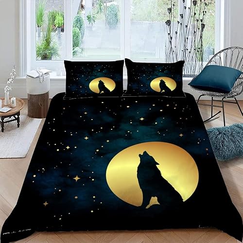 MUNOOR Bettwäsche Set Erwachsener Wolf Bettbezug mit ReißVerschluss 3D Motiv Mond Leicht Mikrofaser Bettwäsche 220x240 mit 2 Kissenbezug 80x80 Weich Pflegeleicht Betten Set