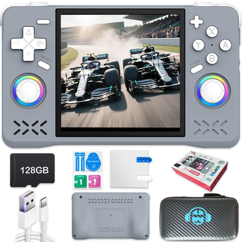 Console di gioco portatile retrò, schermo IPS da 4 pollici, con custodia, 64 G con 18000 giochi, sistema Linux, mini arcade portatile tascabile (grigio, 128 g)