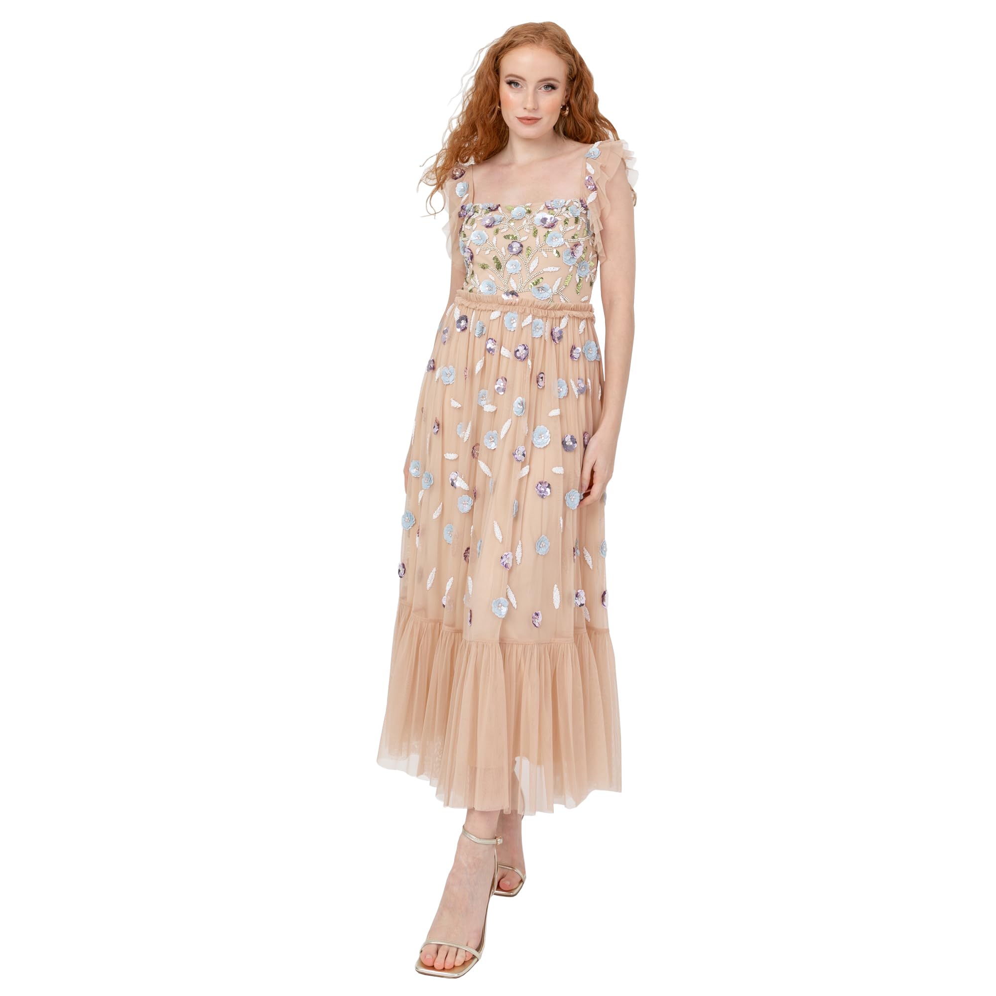 Maya Deluxe Vestido Midaxi para Mujer, Manga Corta, Cuello Cuadrado, Lentejuelas, Estampadas, Espalda En Una Línea