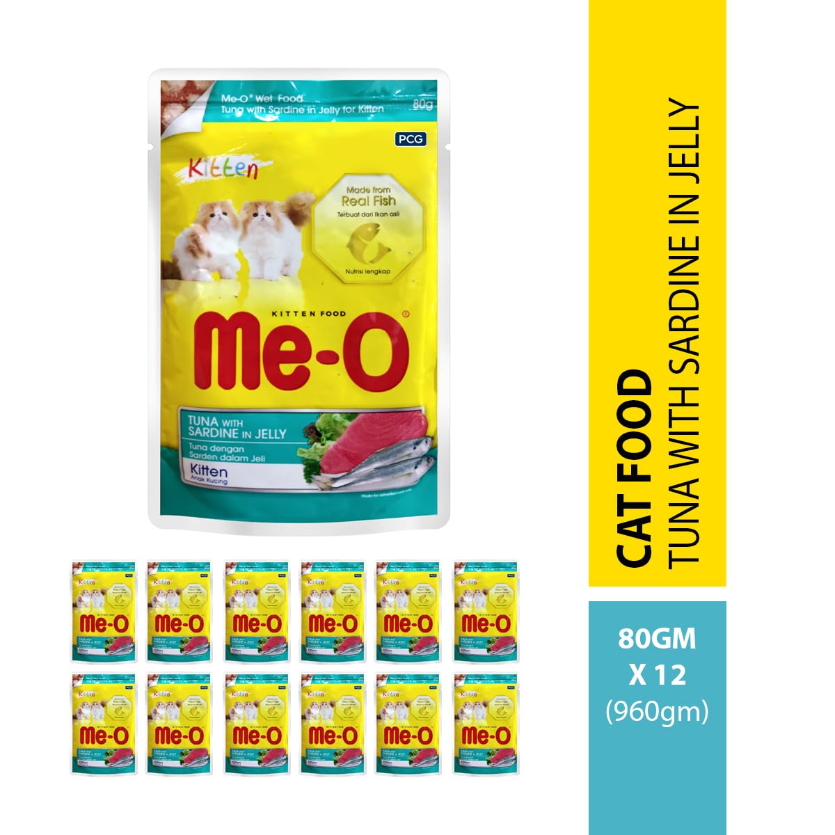 ME-O Pouch Kitten Food - Tuna and Sardine in Jelly 80G/48 (Pack of 12, 960g) 1
