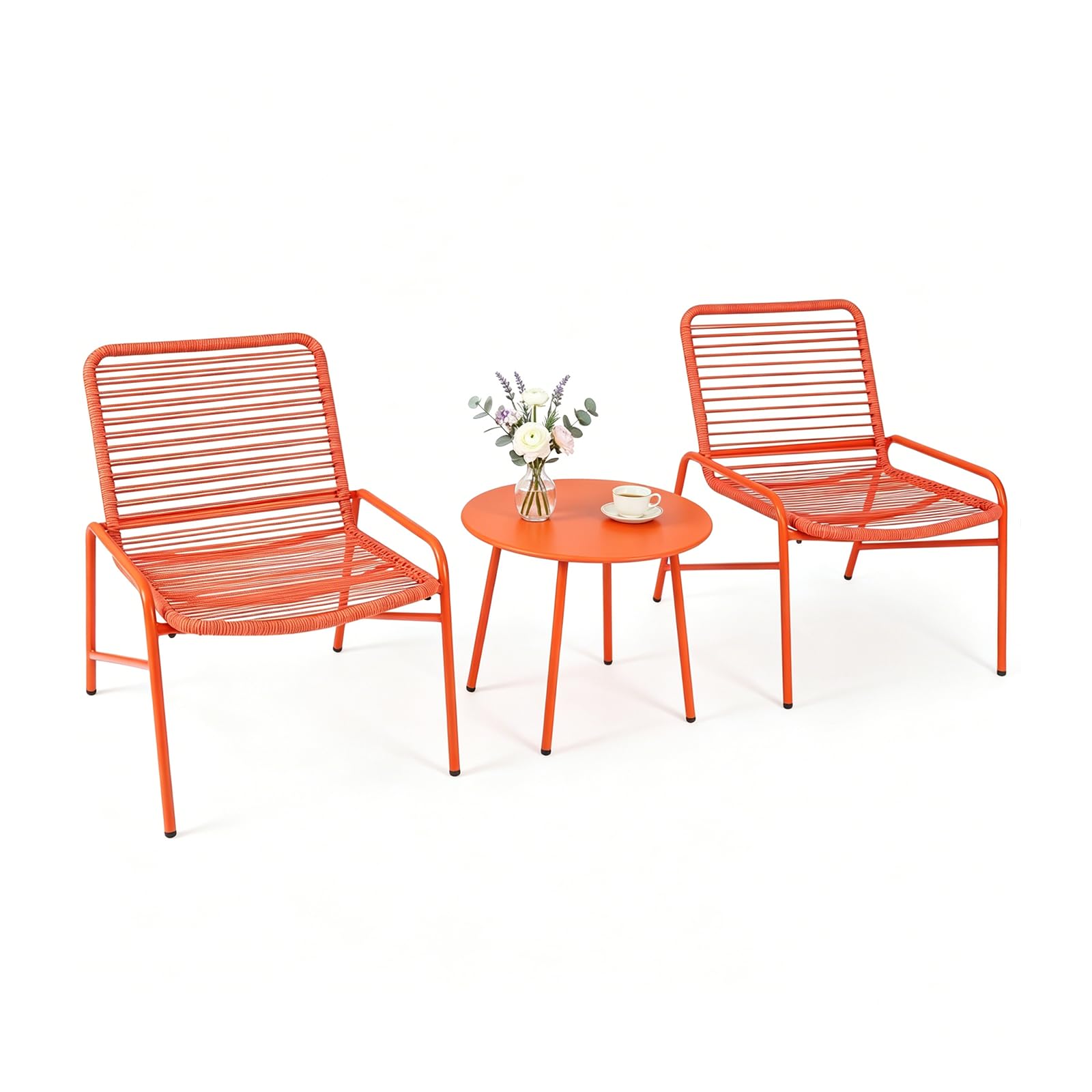 LIFEZEAL Tavolo e Sedie da Esterno 3 Pezzi in Rattan PE e Metallo, Set Bistrò da Balcone con 1 Tavolino e 2 Poltrone, Salotto da Giardino per Balcone, Terrazzo (Tavolo rotondo | Sedia arancione)
